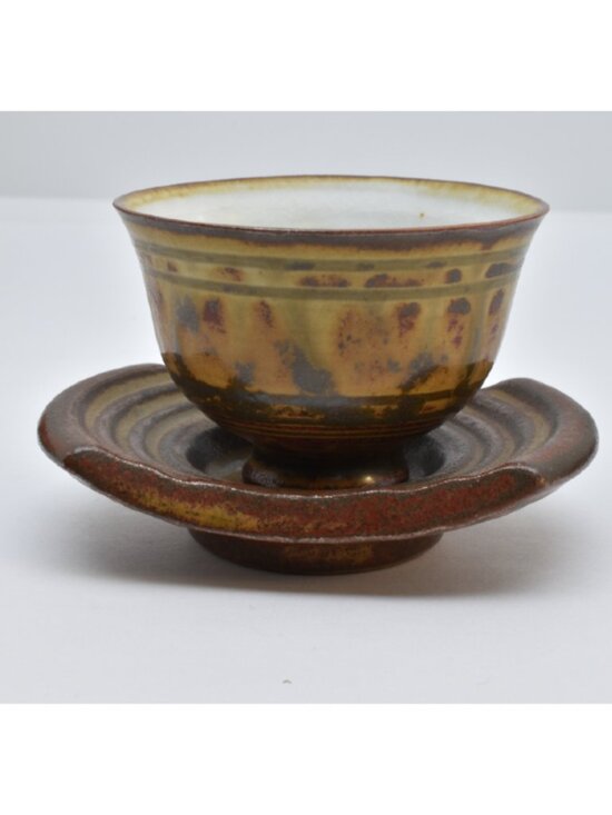 Other - Redware Sake / Tea cups with Saucers, Brown, Yellow, Red
